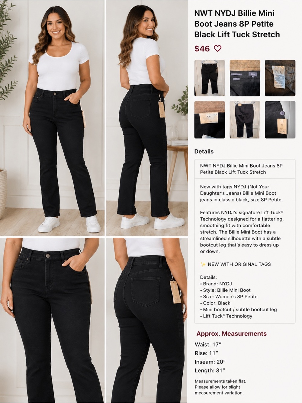 NWT NYDJ Billie Mini Boot Jeans 8P Petite Black Lift Tuck Stretch